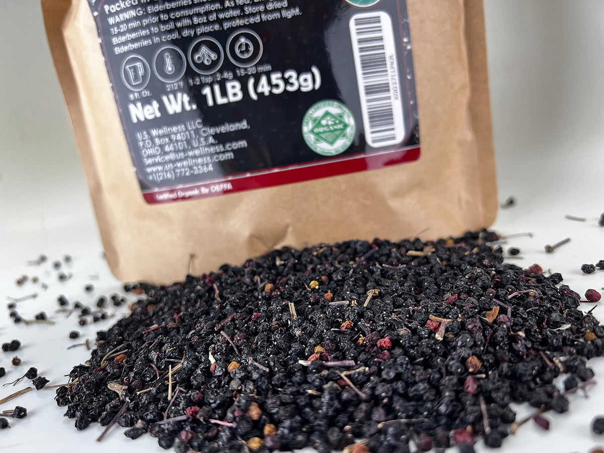 U.S. Wellness Naturals Elderberries – 1lb (Real Wild Harvest) | 100% USDA Certified Organic | Bulk Black Dried Elderberry | for Making Elder Syrup, Gummies, Tea - Raw Vegan Sambucus Nigra