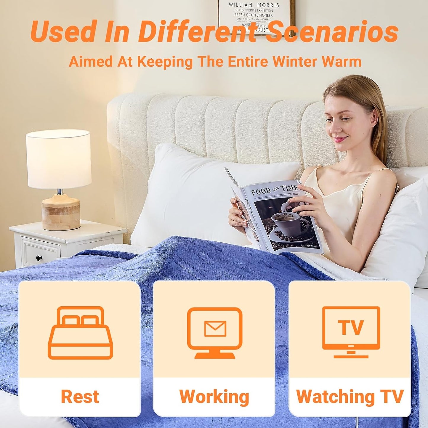 Electric Blanket Heated Throw, Soft Flannel 50"x60" Heating Blanket with 8 Hours Auto Off 10 Fast Heating Levels Machine Washable Sherpa Heated Blanket with Overheating Protection