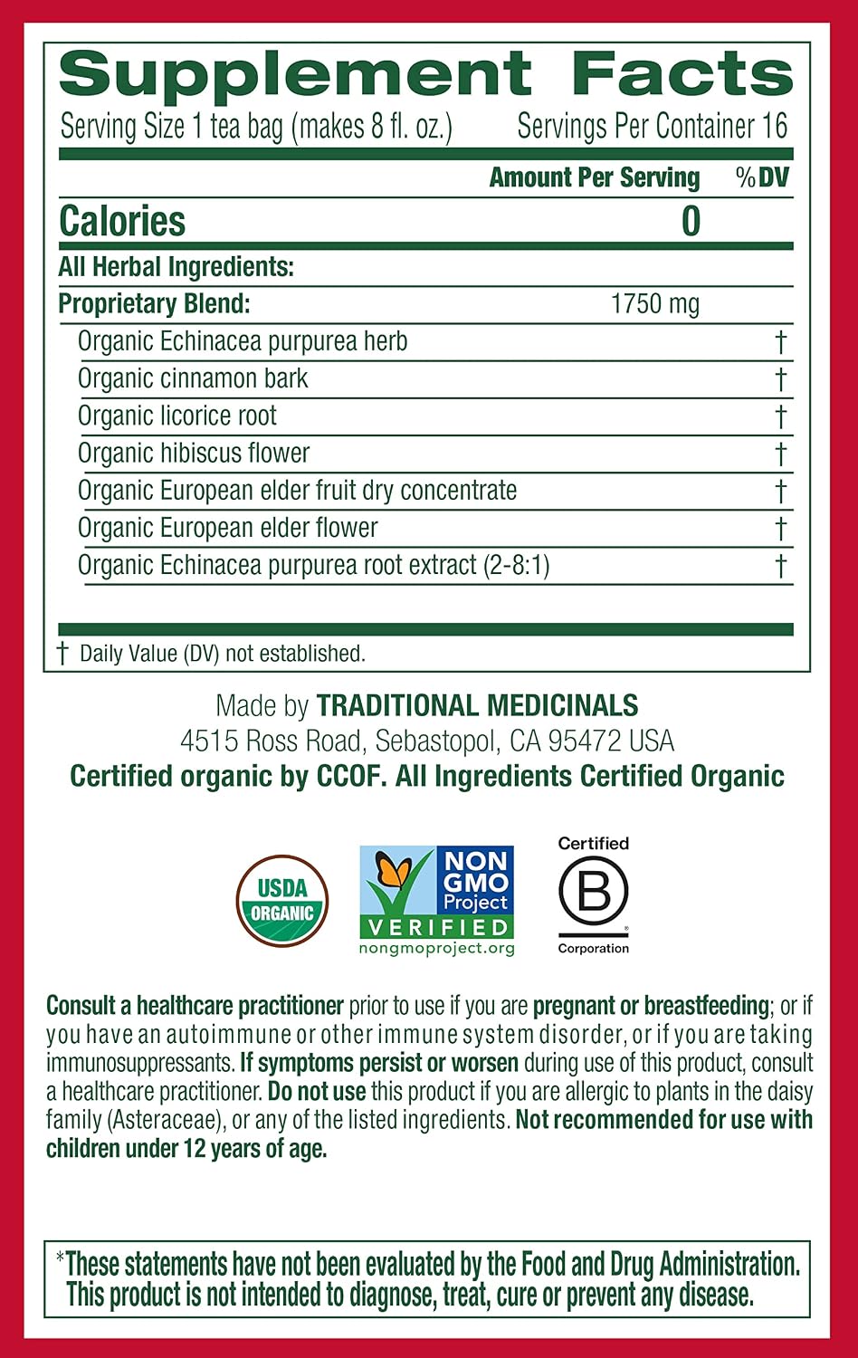Traditional Medicinals, Organic Immune Zoom Echinacea Elderberry Tea Immune Elderberry, 16 Count (Pack of 2)