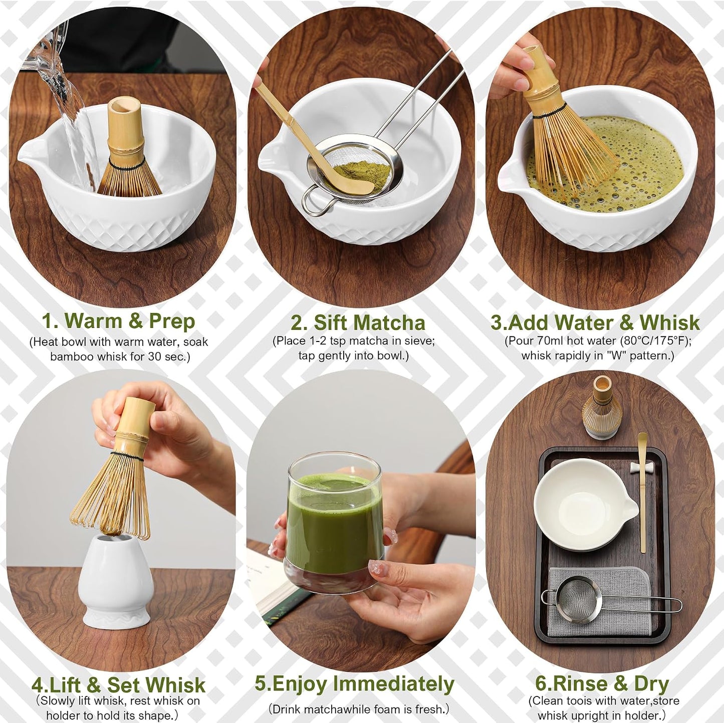 Matcha Whisk Set, 7 Pcs Matcha Kit, Ceramic Matcha Set Includes Matcha Bowl with Spout, Matcha Whisk and Holder, Bamboo Scoop, Scoop Rest, Sifter and Tea Towel (Ceramic White)
