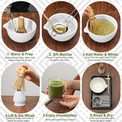 Matcha Whisk Set, 7 Pcs Matcha Kit, Ceramic Matcha Set Includes Matcha Bowl with Spout, Matcha Whisk and Holder, Bamboo Scoop, Scoop Rest, Sifter and Tea Towel (Ceramic White)