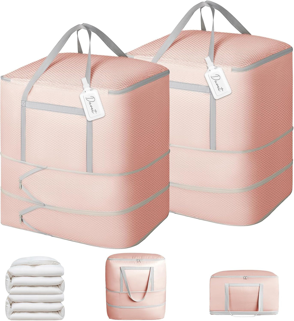 Comforter Storage Bag - 130L Large Capacity Blanket Storage Bags 4-Layer Ultra Space Saving Self Compression Organizer, Washable Compression Bags for Storage Comforter Blanket, Beige