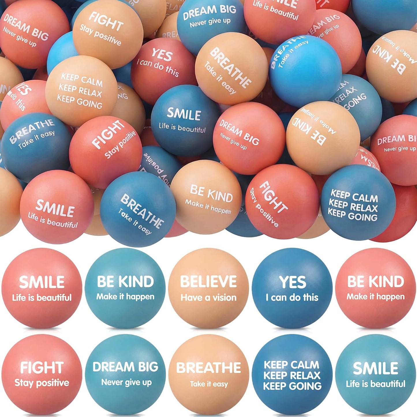 Liliful 100 Pcs Motivational Stress Balls Bulk Inspirational Squeeze Balls for Adults Anxiety Relief Fidget Toys Office Employee Gifts Classroom Rewards 2.2 Inch (Bright Colors)