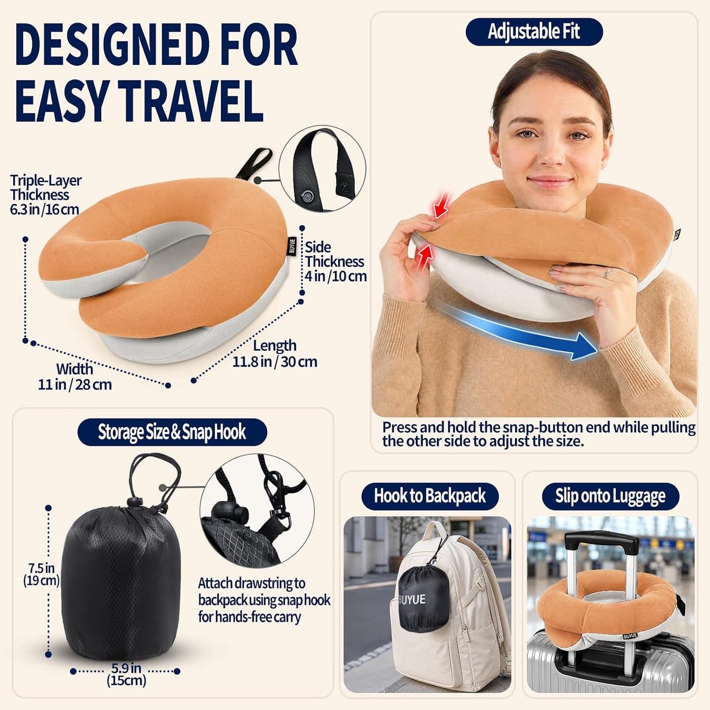 BUYUE Travel Neck Pillows for Airplanes, Memory Foam 360° Head Support Sleep for Long Flight, Skin-Friendly & Breathable, Kit with Eye Mask, Earplugs and Storage Bag (Adult, Grey, 90+ lbs)