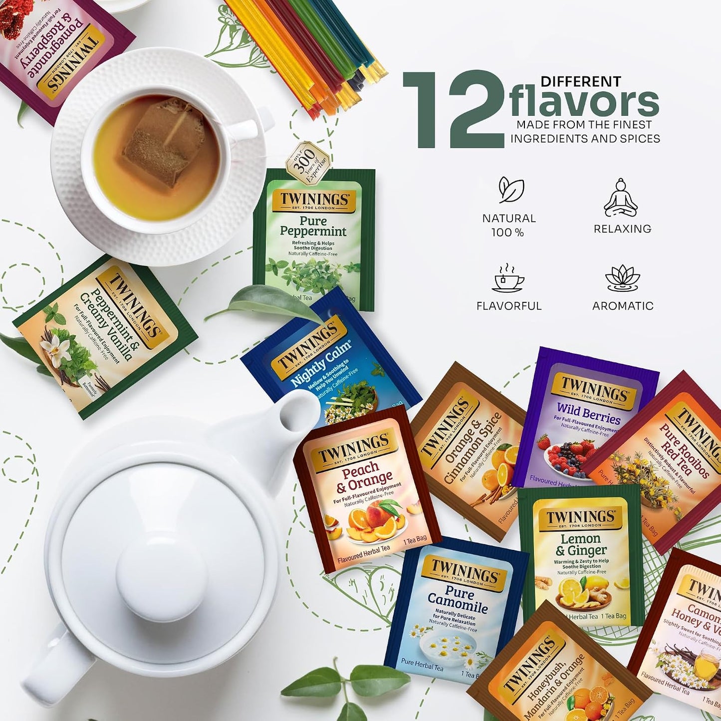 Twinings 48 Tea Bags Herbal Variety Pack – 12 Caffeine-Free Flavors + 20 Honey Sticks, Relaxing Herbal Tea Gift Set for Tea Lovers, Bedtime & Daily Wellness