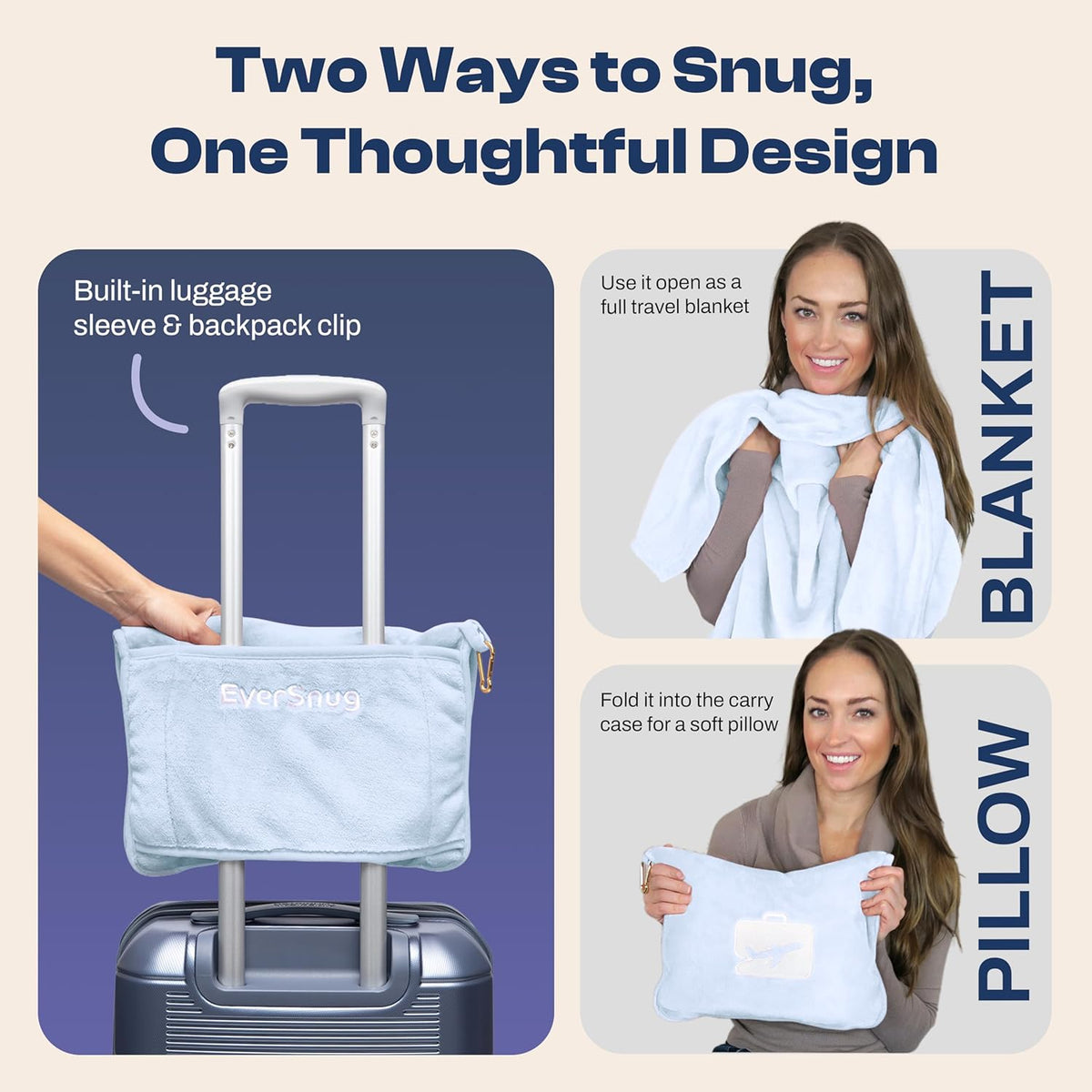 EverSnug Travel Blanket and Pillow - Premium Soft 2 in 1 Airplane Blanket with Soft Bag Pillowcase, Hand Luggage Sleeve and Backpack Clip (Grey)