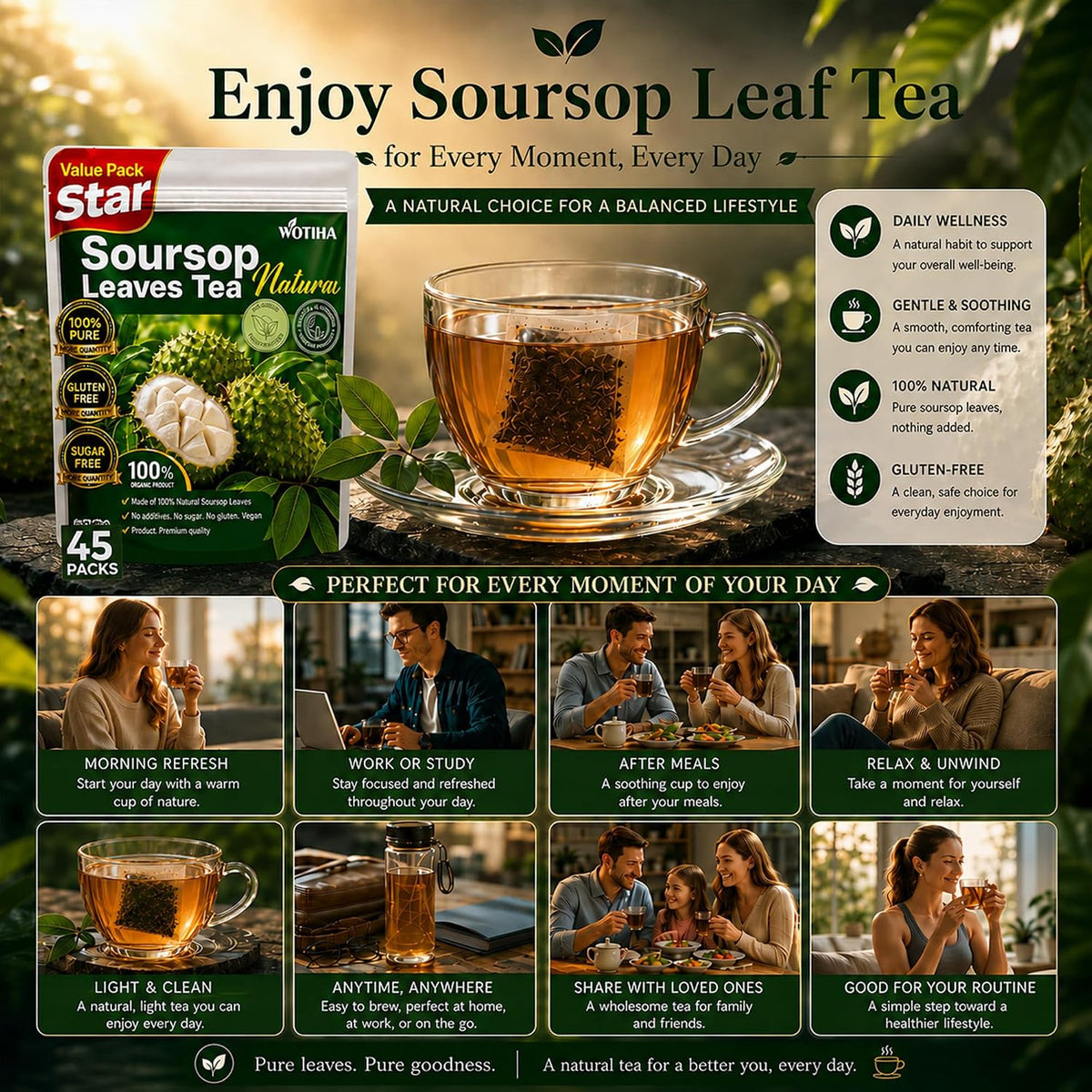 WOTIHA 45 Count Premium Soursop Graviola Tea Bags - 100% Natural soursop leaves, Non-GMO, Caffeine/Sugar/Gluten Free Vegan, Food-Grade Biodegradable Bags, Hojas De Guanabana.