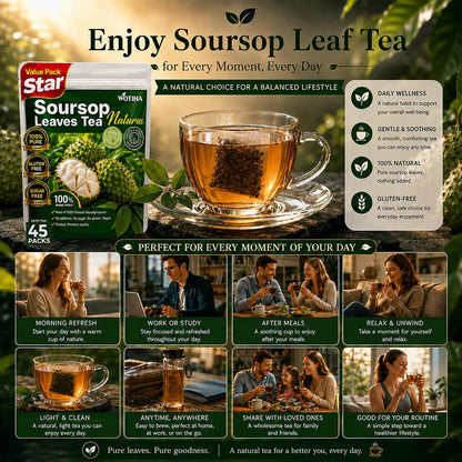 WOTIHA 45 Count Premium Soursop Graviola Tea Bags - 100% Natural soursop leaves, Non-GMO, Caffeine/Sugar/Gluten Free Vegan, Food-Grade Biodegradable Bags, Hojas De Guanabana.