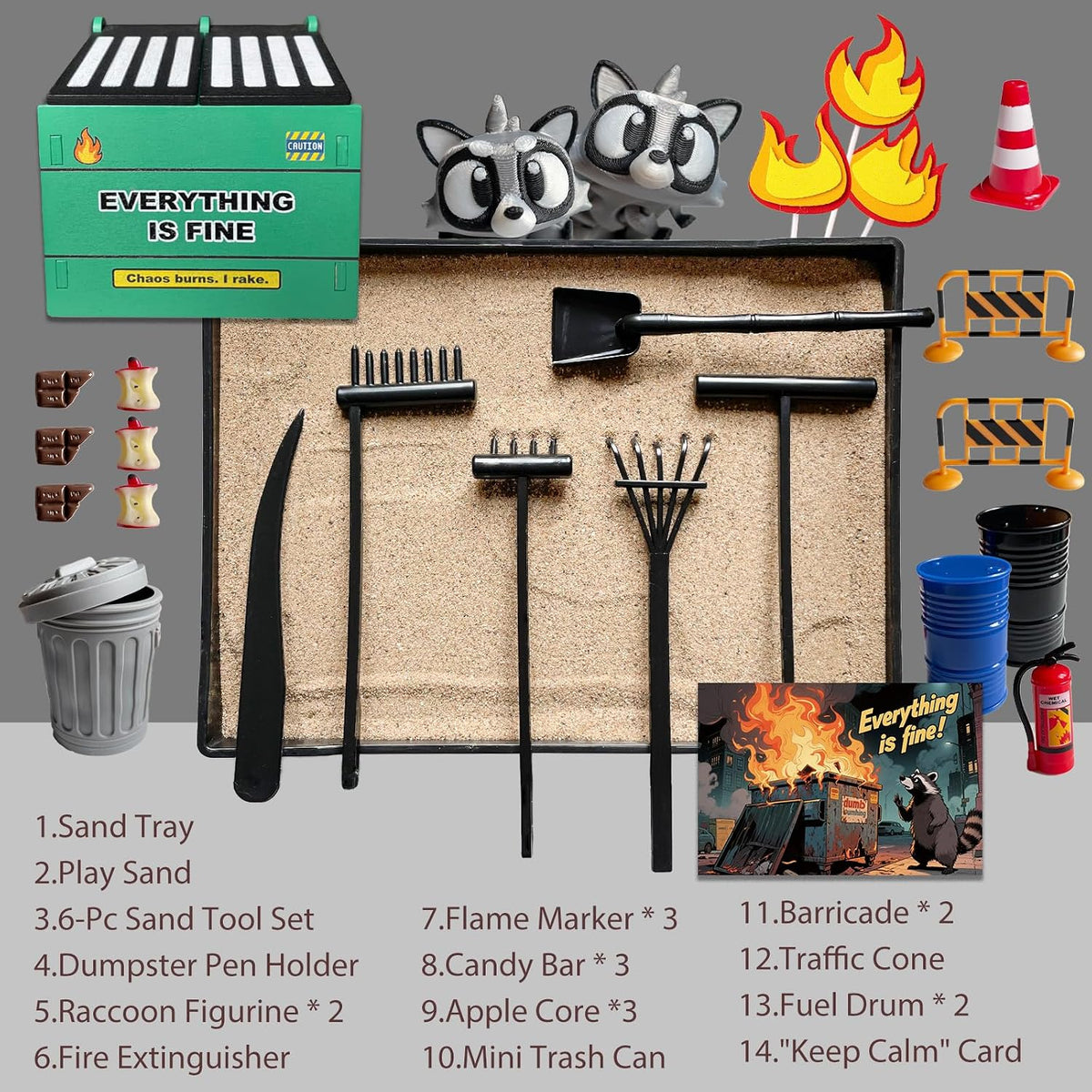 Dumpster Fire Zen Garden for Desk, Mini Sand Art Kit with Raccoons