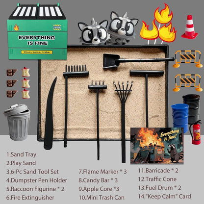 Dumpster Fire Zen Garden for Desk, Mini Sand Art Kit with Raccoons