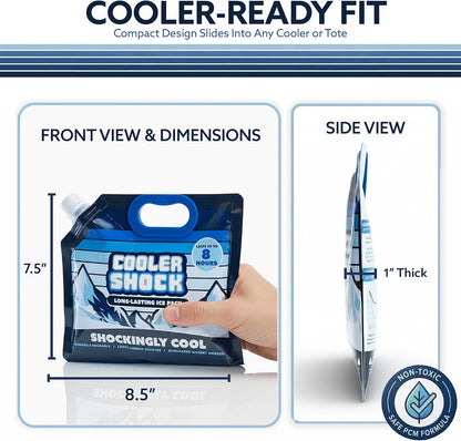 Cooler Shock Reusable Ice Packs for Cooler - Long Lasting Cold Freezer Packs for Coolers and Lunch Boxes - Cooler Ice Packs for Camping Gear, Fishing, Road Trips, Beach Must Haves