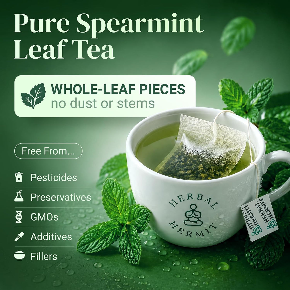 Spearmint Tea Bags - 50 Tea Bags - Pure Spearmint Leaves - Caffeine Free Herbal Tea - Natural Digestive Support & Breath Freshener - Non-GMO