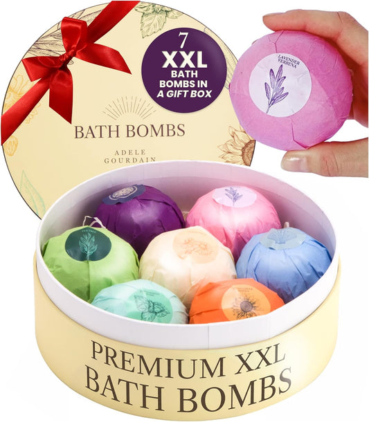 XXXL Bath Bombs for Women Gift Set, 7 Pack, Spa Scents, Adelegourdain | 7 Scents - Arrives in Gift Box - XXXL (200g) - Long-lasting Fizz & Scent - Non-Staining - For Birthdays, Mothersday and More