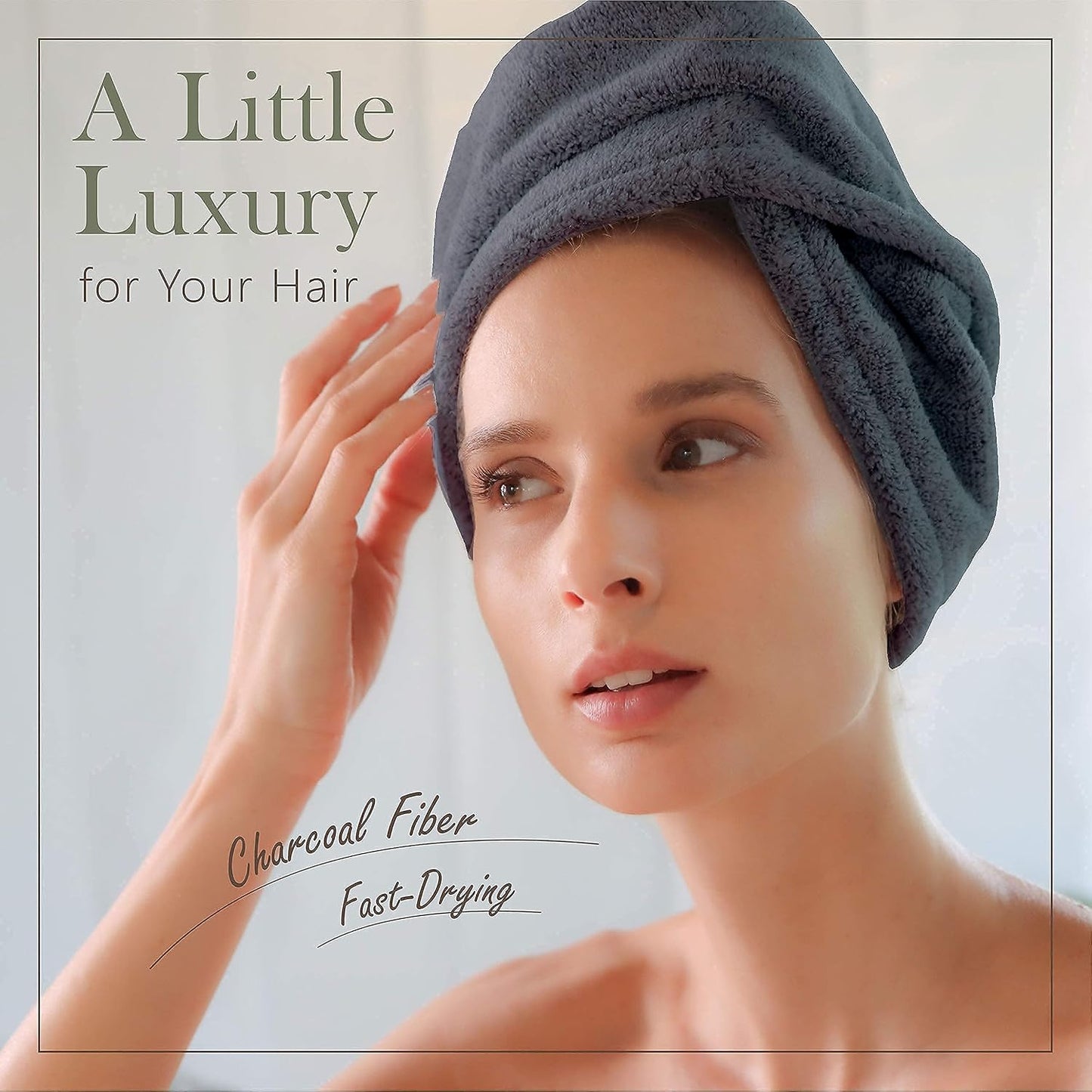 myHomeBody Hair Towel Wrap, Luxury Quick Drying Turban, Ultra Soft Absorbent Charcoal Fiber Cap, with Coconut Shell Button – Gray