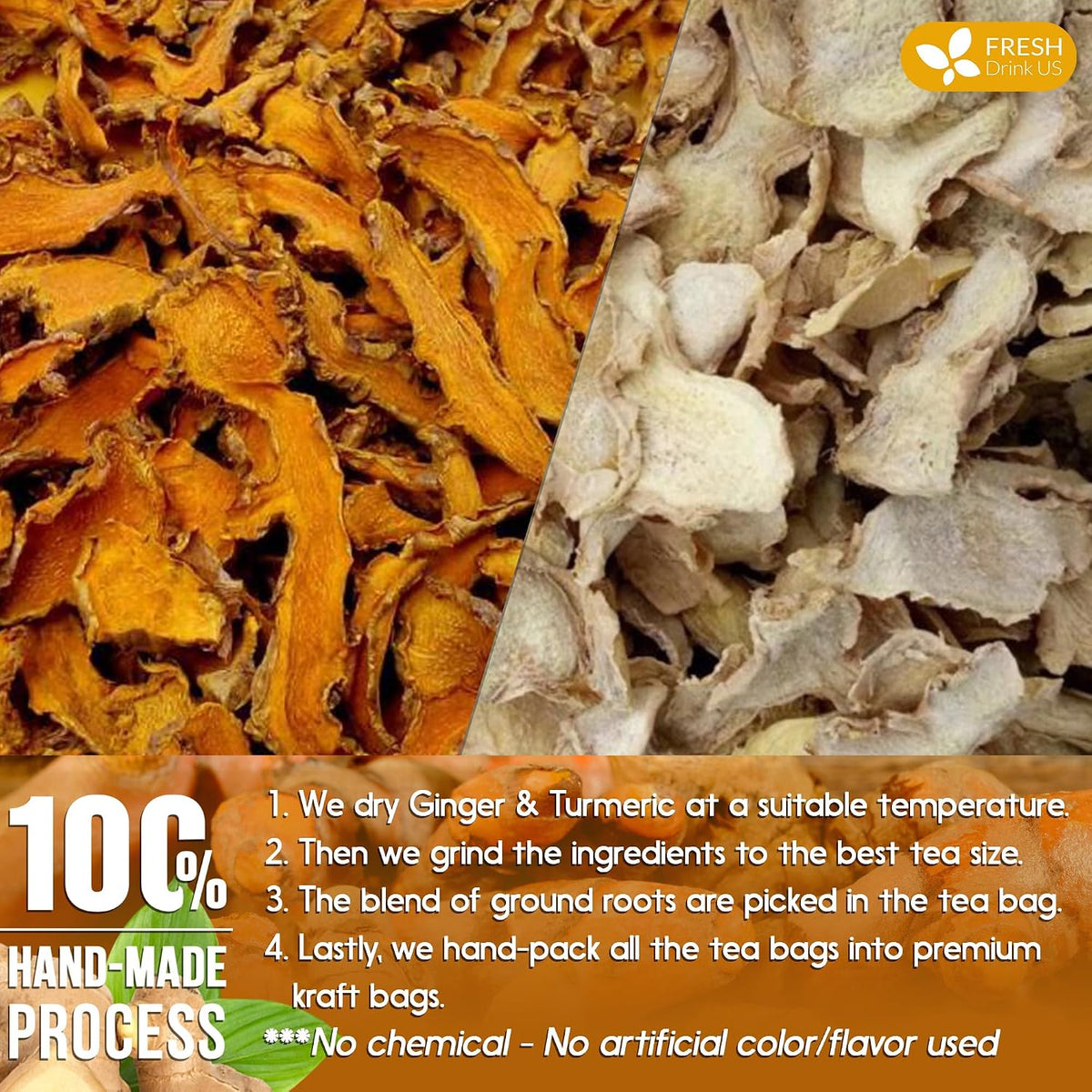 FRESHDRINKUS Premium 65 Turmeric Ginger Tea Bags, 100% Natural Ingredients, Hand-made Blend of and Ginger, Eco-conscious Bags. Herbal Tea. No Sugar, Caffeine, Gluten, Vegan.