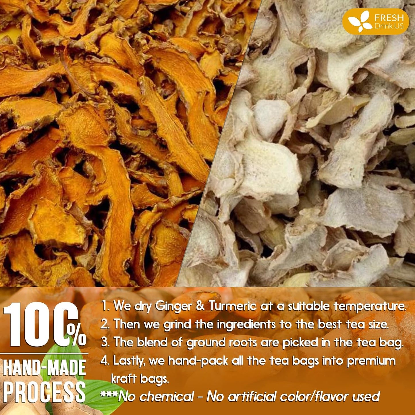 FreshDrinkUS, Premium 150 Lemon Ginger Tea Bags, 100% Natural Ingredients, Hand-made Blend of Lemon and Ginger, Eco-conscious Tea Bags. No Sugar, No Caffeine, Vegan. - Colors C