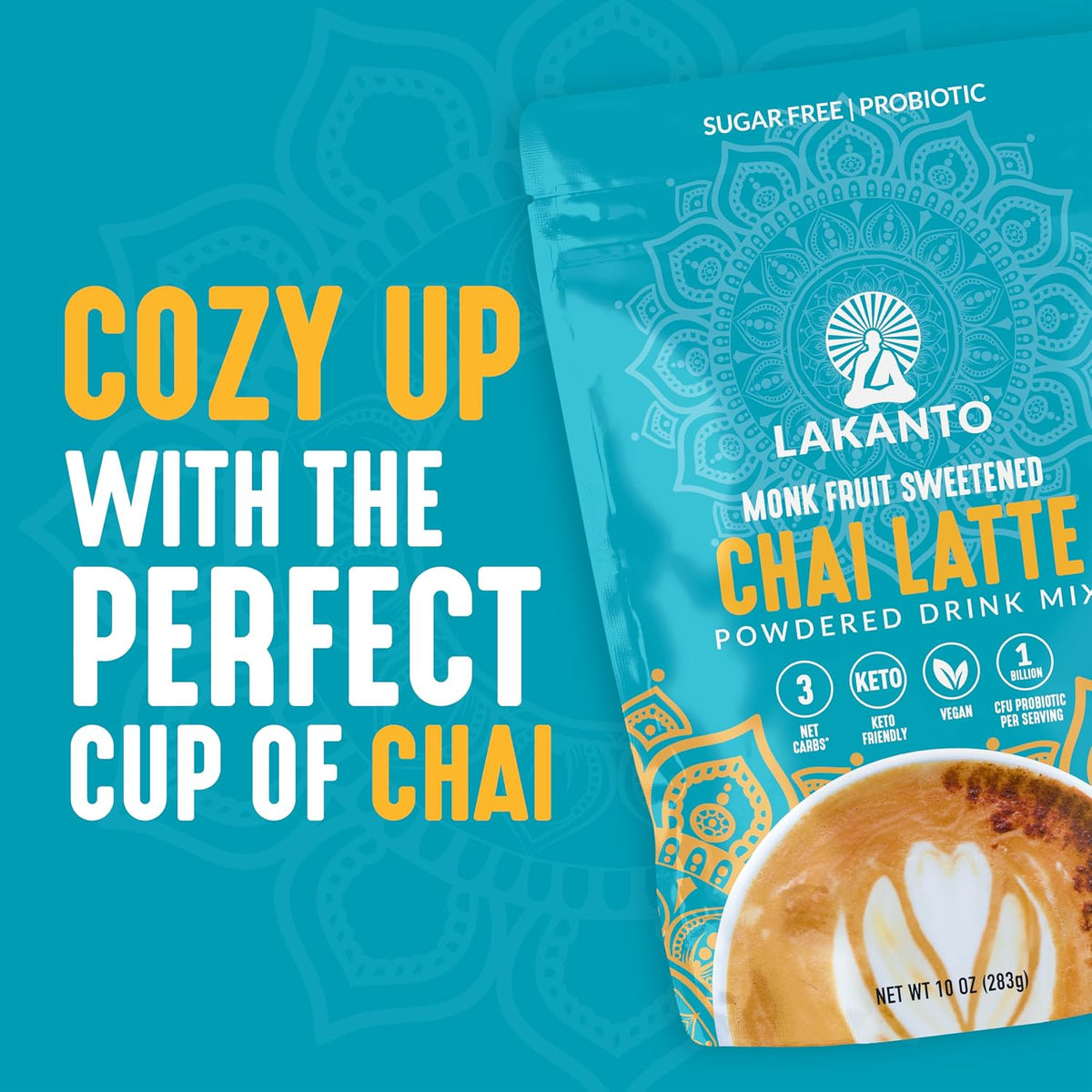 Lakanto Sugar Free Chai Latte Drink Mix - Monk Fruit Sweetened, Iced Chai or Hot Chai Tea, Vegan, Probiotics, Rich Flavor, Chai Spices, Keto Diet Friendly (9.9 Oz)