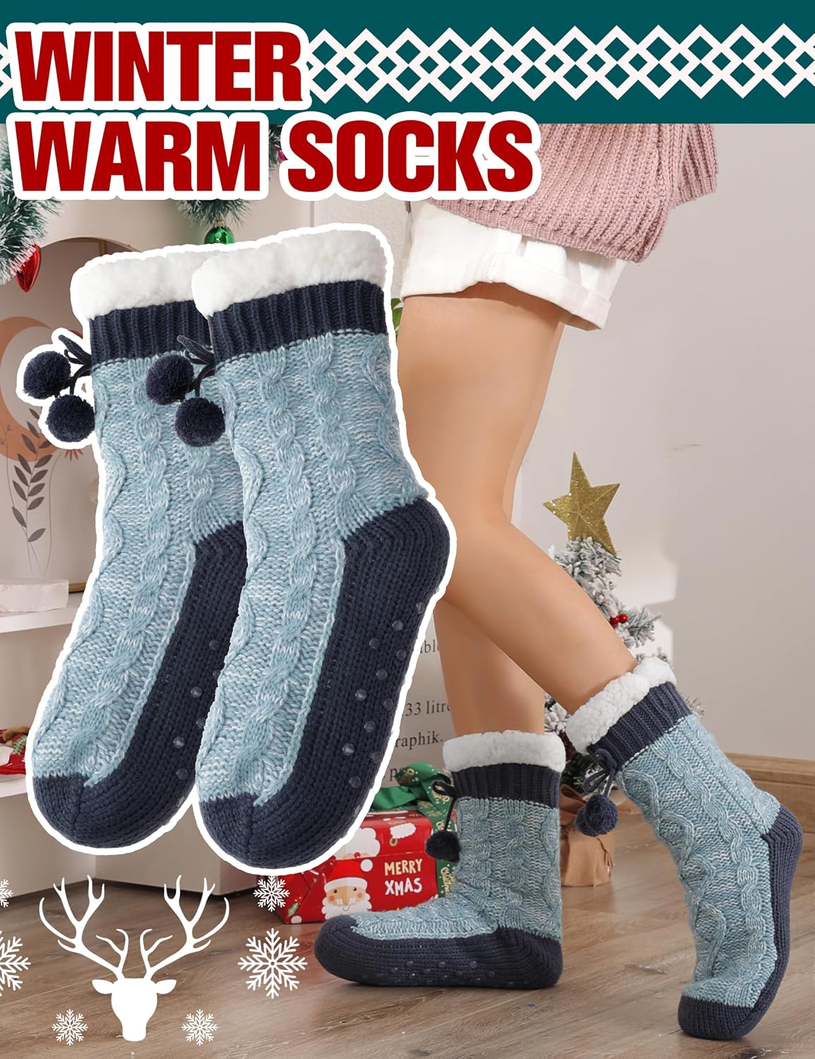 Welwoos Womens Slipper Fuzzy Grips Socks Fluffy Winter Warm Thick Thermal Cozy Plush Non Slip Cabin Soft Fleece Socks