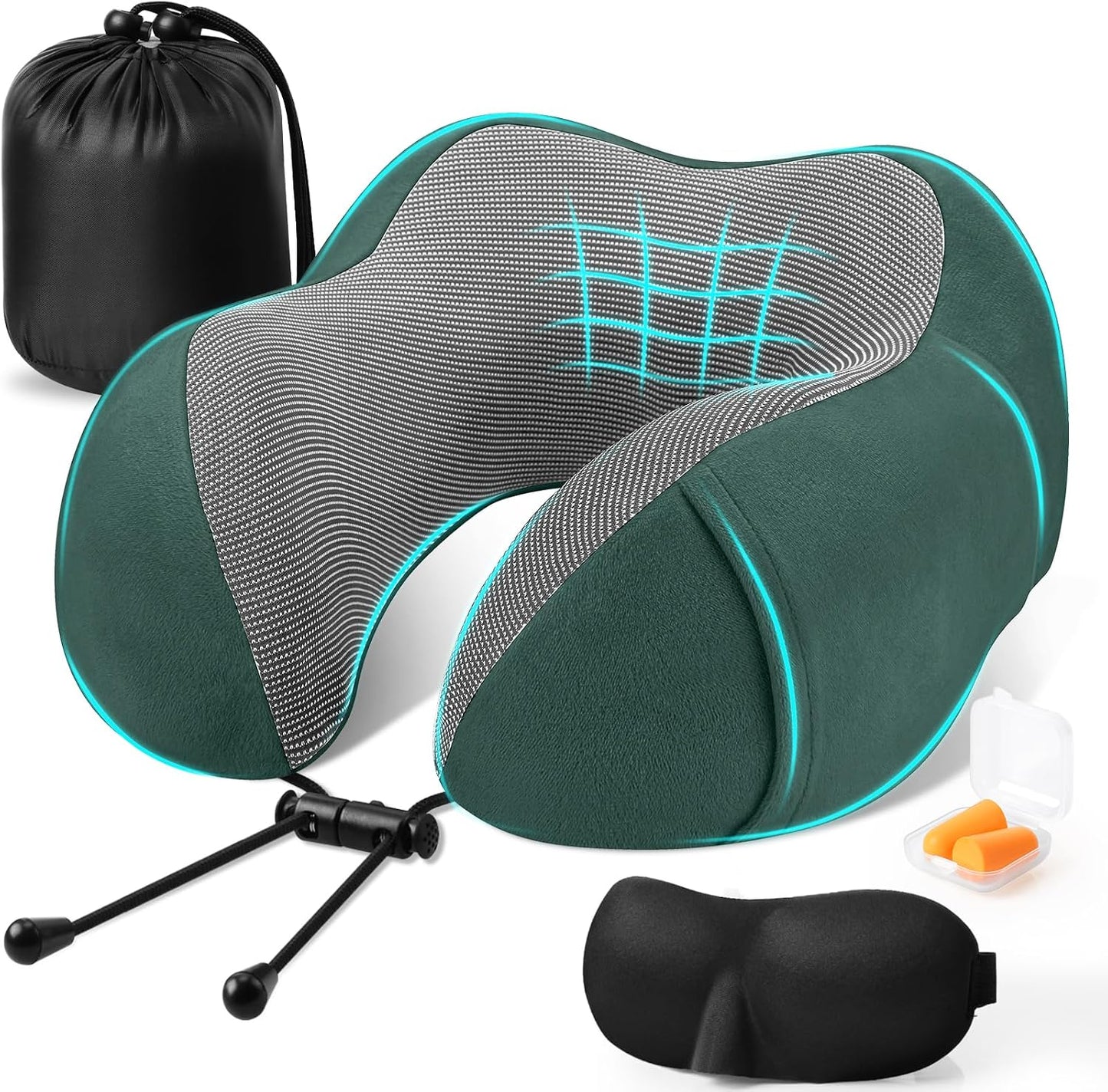 CloudBliss Travel Pillow for Airplane, Memory Foam Neck Pillow for Travel, Compact Flight Pillow with Eye Mask, Earplugs, Carry Bag, Travel Neck Pillow for Long Flight Sleep, Plane Accessories, Black