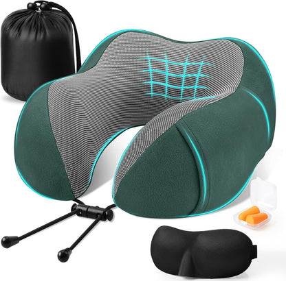 CloudBliss Travel Pillow for Airplane, Memory Foam Neck Pillow for Travel, Compact Flight Pillow with Eye Mask, Earplugs, Carry Bag, Travel Neck Pillow for Long Flight Sleep, Plane Accessories, Black