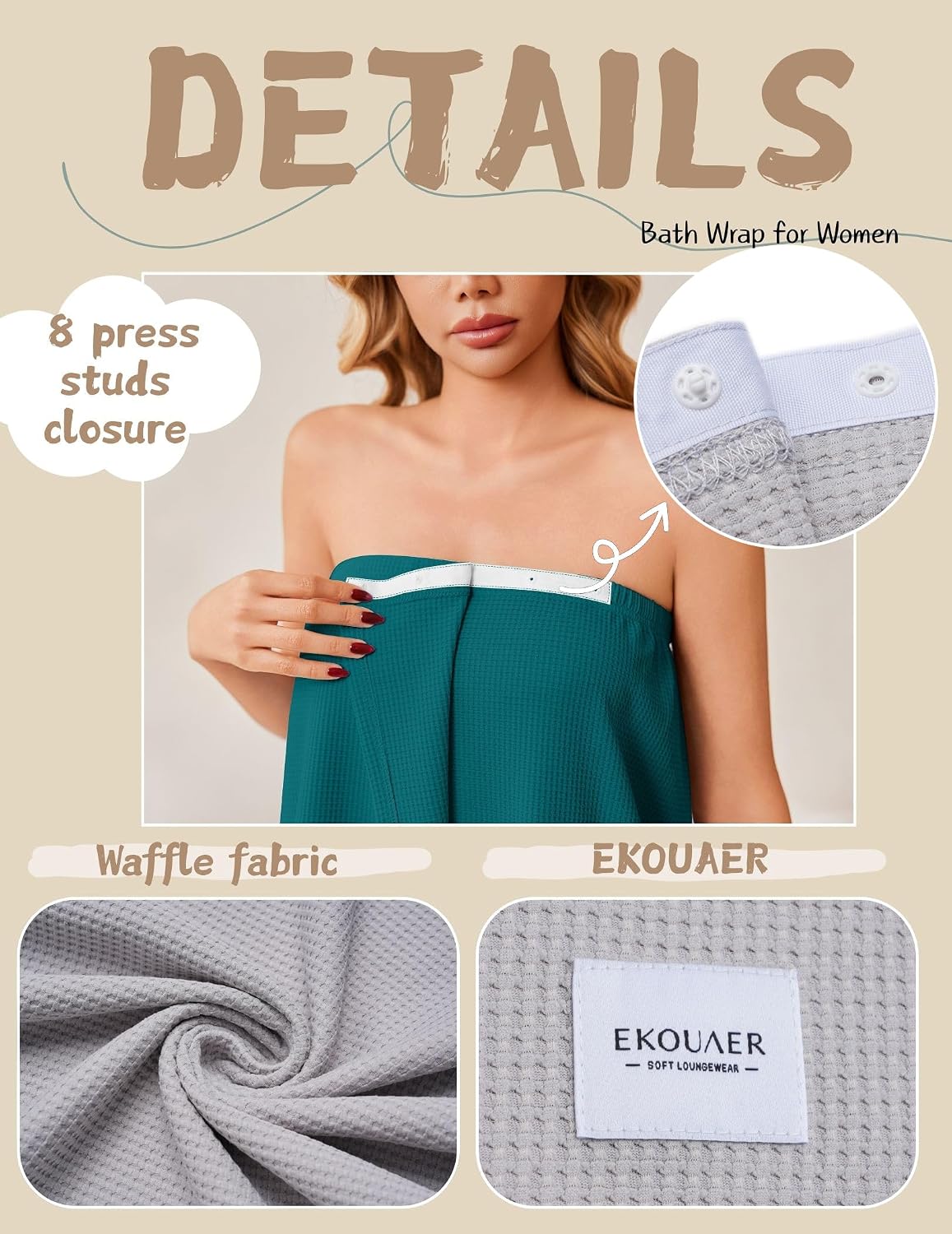 Ekouaer Waffle Robes Towel Wrap for Women Bath Wrap Lightweight Spa Robe