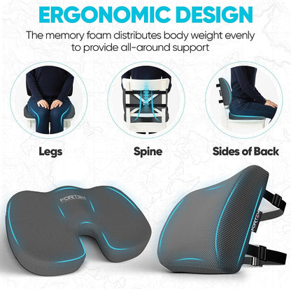 FORTEM Seat Cushion, Office Chair Cushion, Lumbar Support Pillow for Office Chair, Memory Foam Car Seat Cushions, Sciatica Coccyx Tailbone Pain Relief, Cushions for Back Support, Washable, Non Slip