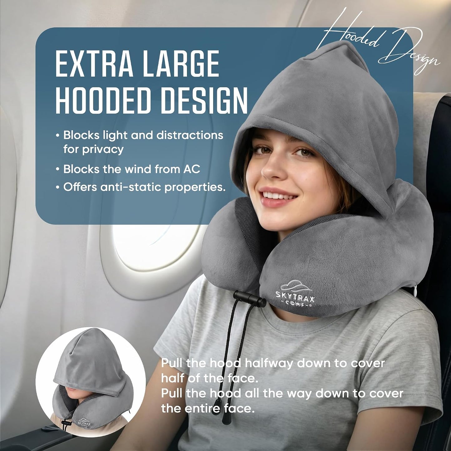 SkytraxComf® Travel Neck Pillow with Hood for Privacy on Long Flights | Memory Foam | Airplane Sleep | Safety-Tested Materials | Extra Large Hood | Chin Support | Earplugs | Washable Cover