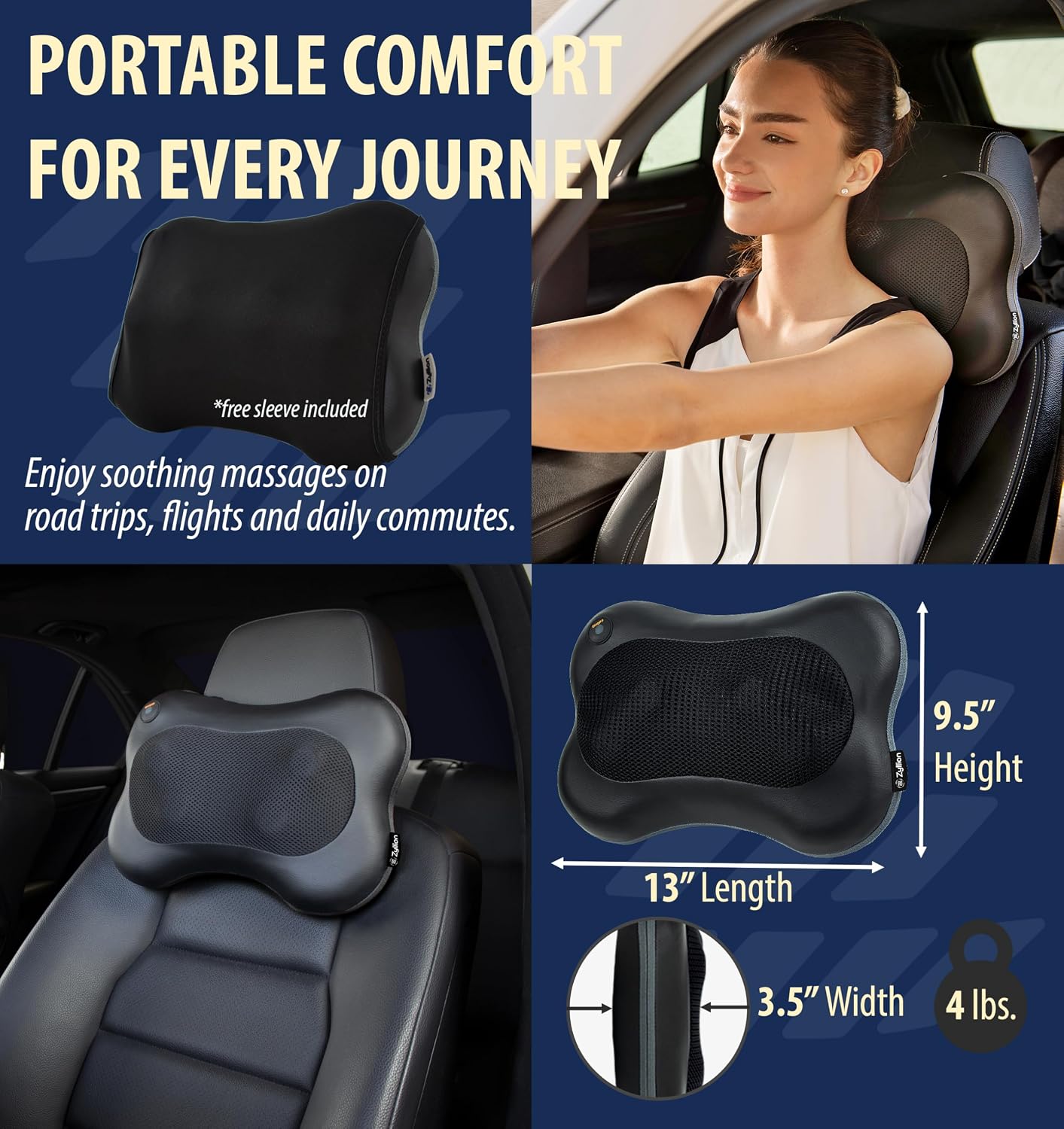 Zyllion Shiatsu Back and Neck Massager with Heat - 3D Electric Kneading Deep Tissue Massage Pillow with 8 Massaging Nodes for Muscle Pain Relief, Black, ZMA-25