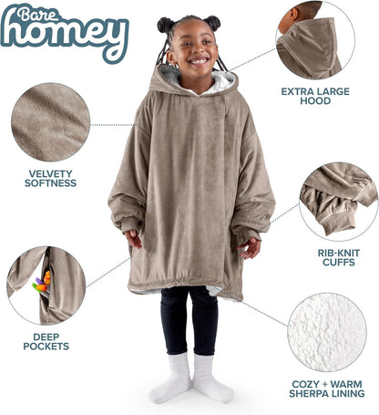 Bare Home Wearable Blanket Hoodie - Soft Plush Sherpa - Warm and Cozy - Oversized Wearable Blanket