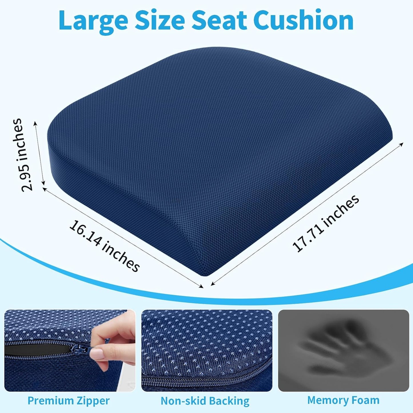 TranquilRelax Large Seat Cushion, Memory Foam Cushion for Long Sitting Hours on Office Chair, Car Seat, Non-Slip Chair Pad for Sciatica, Coccyx, Tailbone Pain Relief & Post-Surgery Recovery (Black)