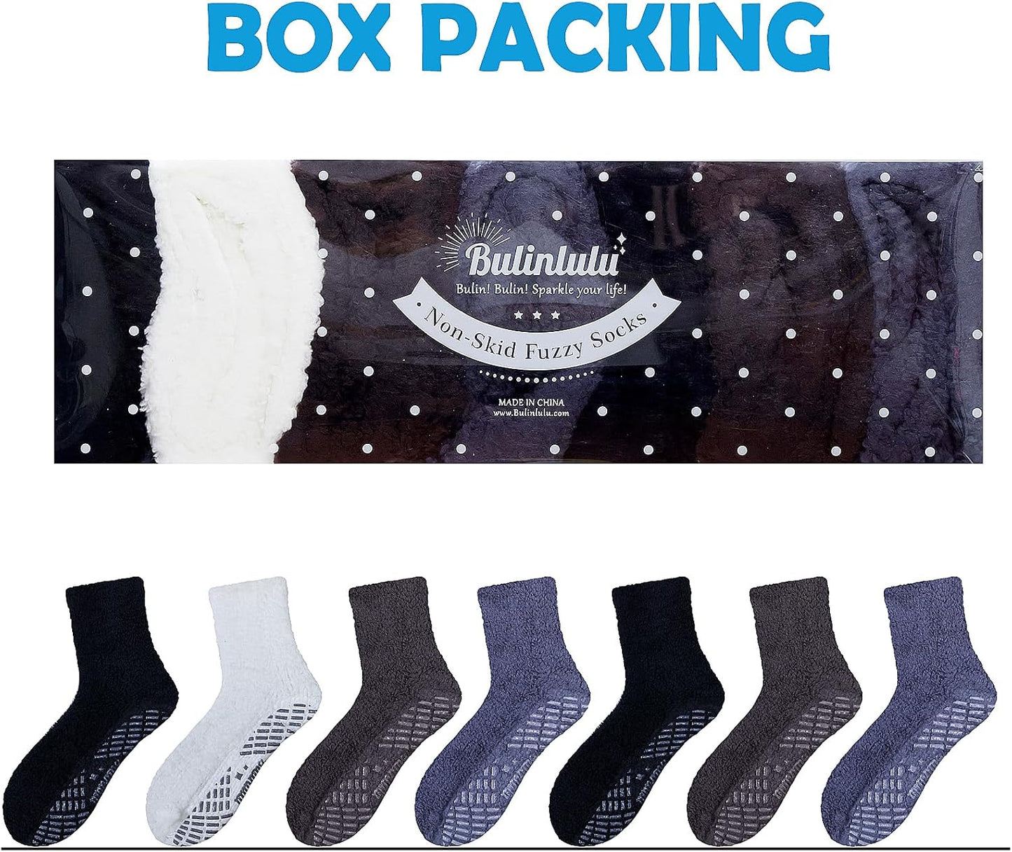 Bulinlulu Fuzzy Socks with Grips Plush Sleep Cozy Winter Soft Hospital Fluffy Socks for Womens Mens Gifts