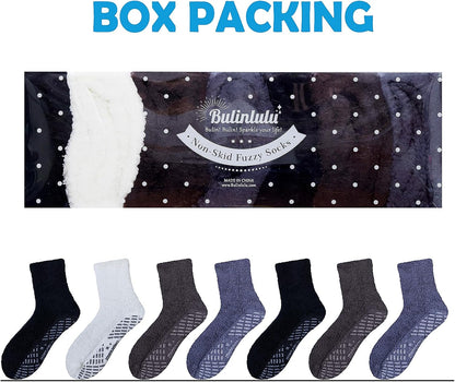 Bulinlulu Fuzzy Socks with Grips Plush Sleep Cozy Winter Soft Hospital Fluffy Socks for Womens Mens Gifts