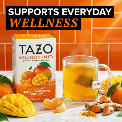 TAZO Herbal Tea Bags, Wellness Vitality Mango Tangerine Turmeric, 16 Count (Pack of 1)