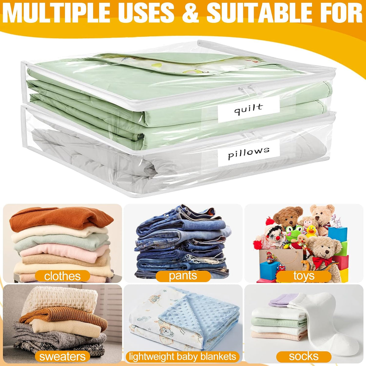 Plastic Storage Bags with Easy-Glide Zipper, Durable Clear Vinyl Zippered Storage Bags for Clothes Sweaters Comforters Blankets Sheets Bedding (15.7 x 13.8 x 3.9 Inch, Transparent White)