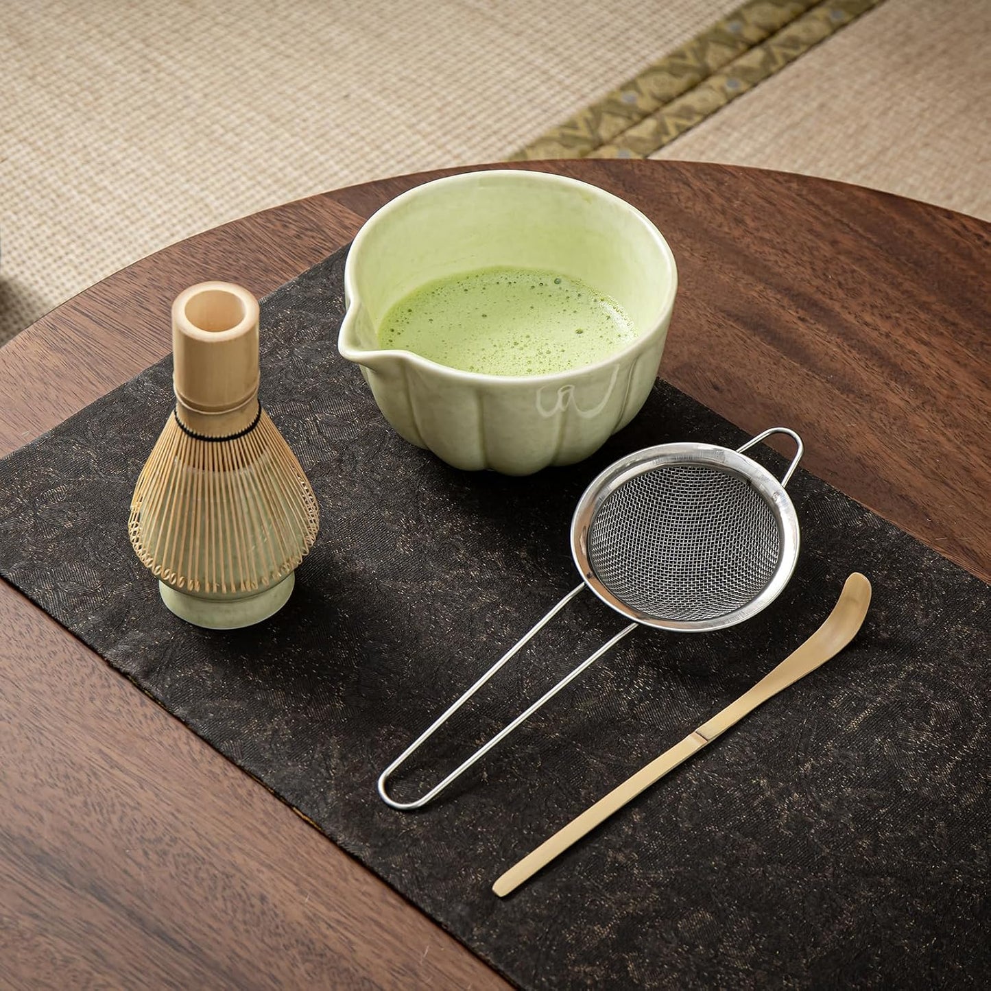 Matcha Whisk Set, Matcha Set Includes Ceramic Matcha Bowl, Bamboo Whisk, Scoop, Chasen Holder, Sifter, 5 Pcs Perfect Matcha Kit for Matcha Lover (Mottled Green)