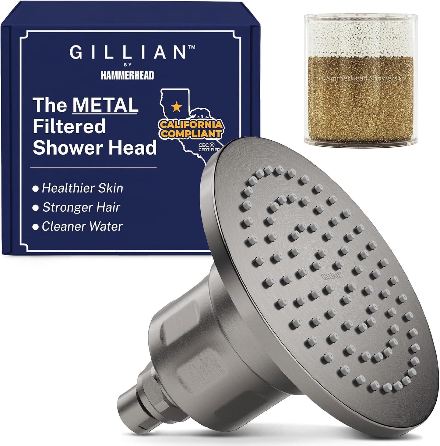 Gillian™ by HammerHead High Pressure Shower Head with Filter – Genuine KDF-55 Filtered Shower Head for Hard Water, Healthier Skin & Hair – Metal 6-Inch Rainfall Showerhead with Filters, Chrome