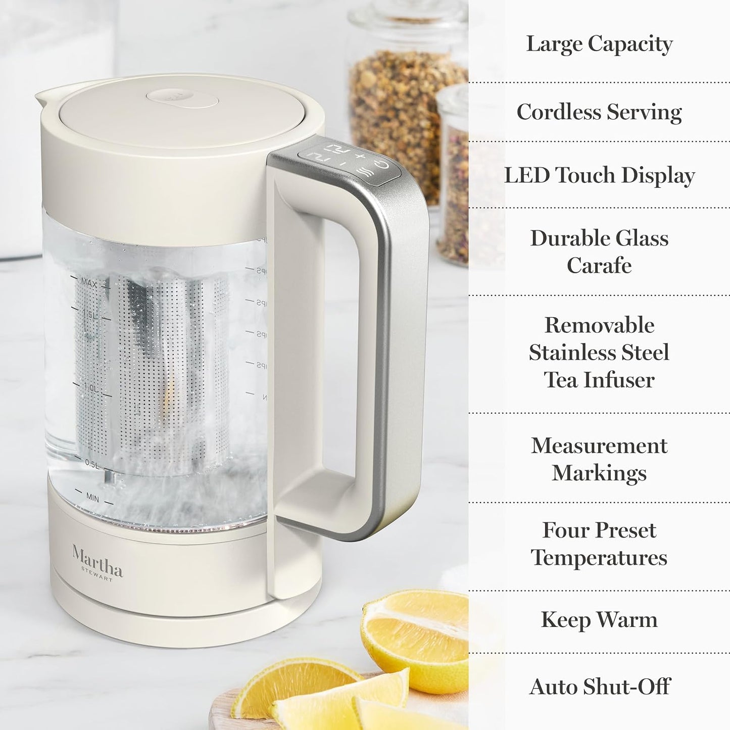 Martha Stewart Electric Kettle with Removable Stainless Steel Tea Infuser, Glass Carafe 1.7L (7 Cups), Hot Water Boiler, 4 Presets, Keep Warm & Auto Shut-Off, Cordless 360° Swivel Base, Honeydew Green