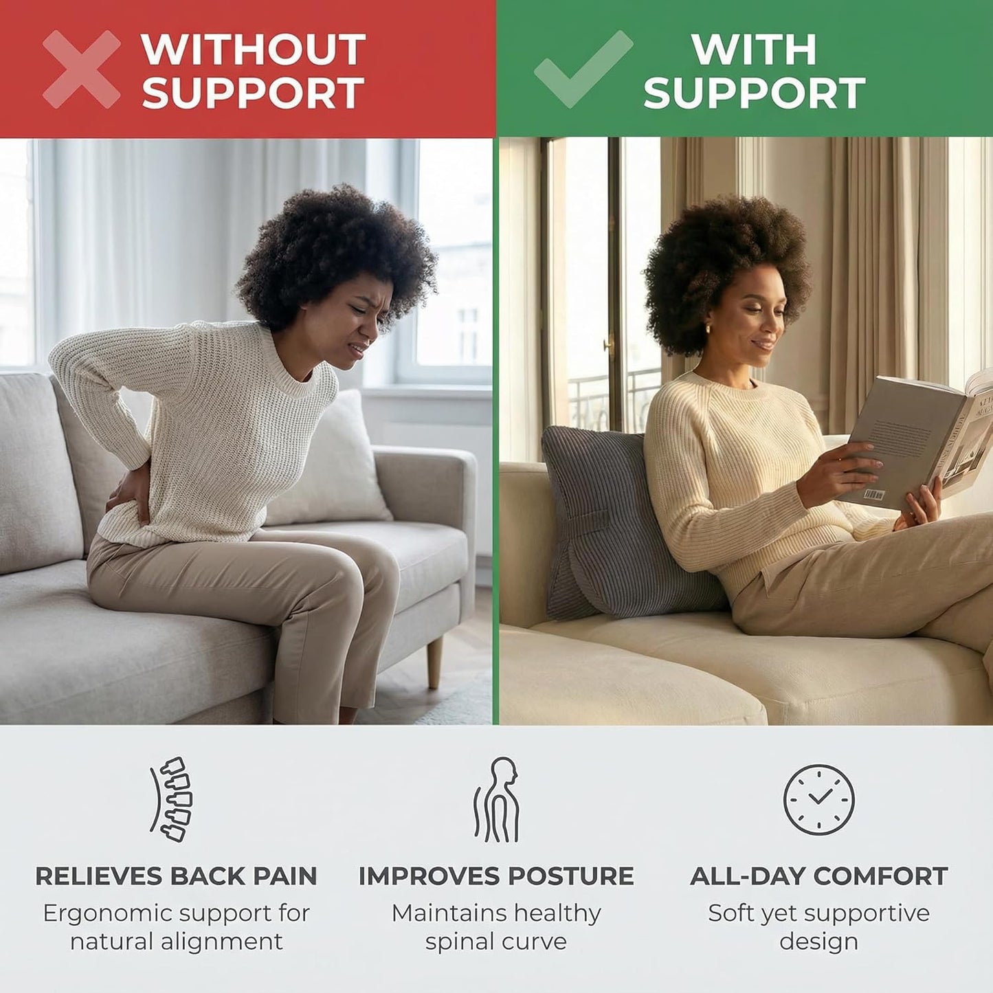 Pat. Pend. Corduroy Lumbar Support Back Pillow for Watching TV, Reading & Gaming, Ergonomic Triangle Support Cushion for Sofa, Armchair & Bed Sitting, Removable Washable Cover, Beige Gray