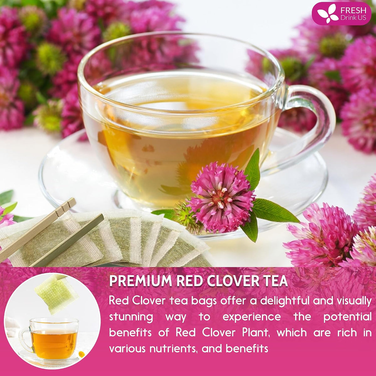 FreshDrinkUS, Premium Red Clover Herbal Tea– 75 Tea Bags – Pure – Naturally Smooth & Mild Flavor – Premium Quality, Eco-Conscious Packaging. Caffeine-Free. Gluten Free. Vegan