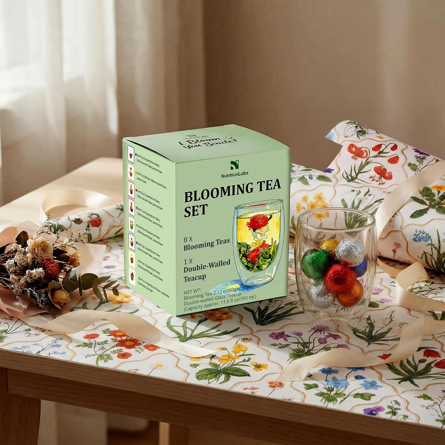 Blooming Tea Gift Set with Double-Walled Glass Teacup, 8 Handcrafted Flowering Tea Balls, Artisan Green Tea and Flower Varieties, Perfect Birthday and Anniversary Gift for Tea Lovers