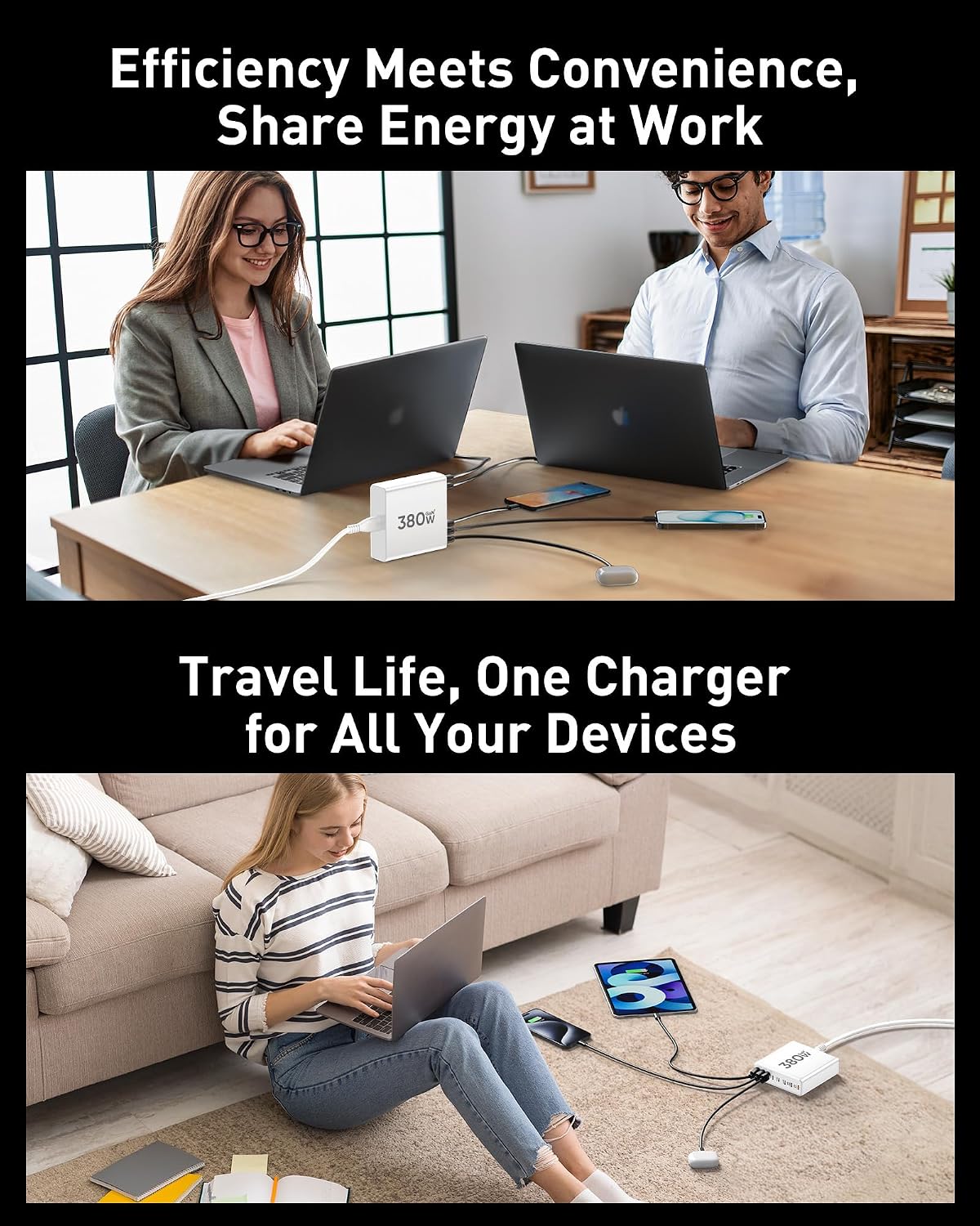 380W USB C Charger Block with 4 USB Cables Dual 100W Charging Station