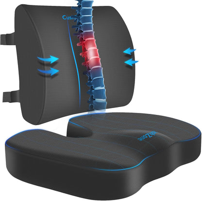 CushZone Ergonomic Seat Cushion & Lumbar Support Pillow - Memory Foam for Sciatica Pain Relief & Posture Correction, Non-Slip Chair Cushions for Office Chair/Car/Wheelchair/Travel (Black)