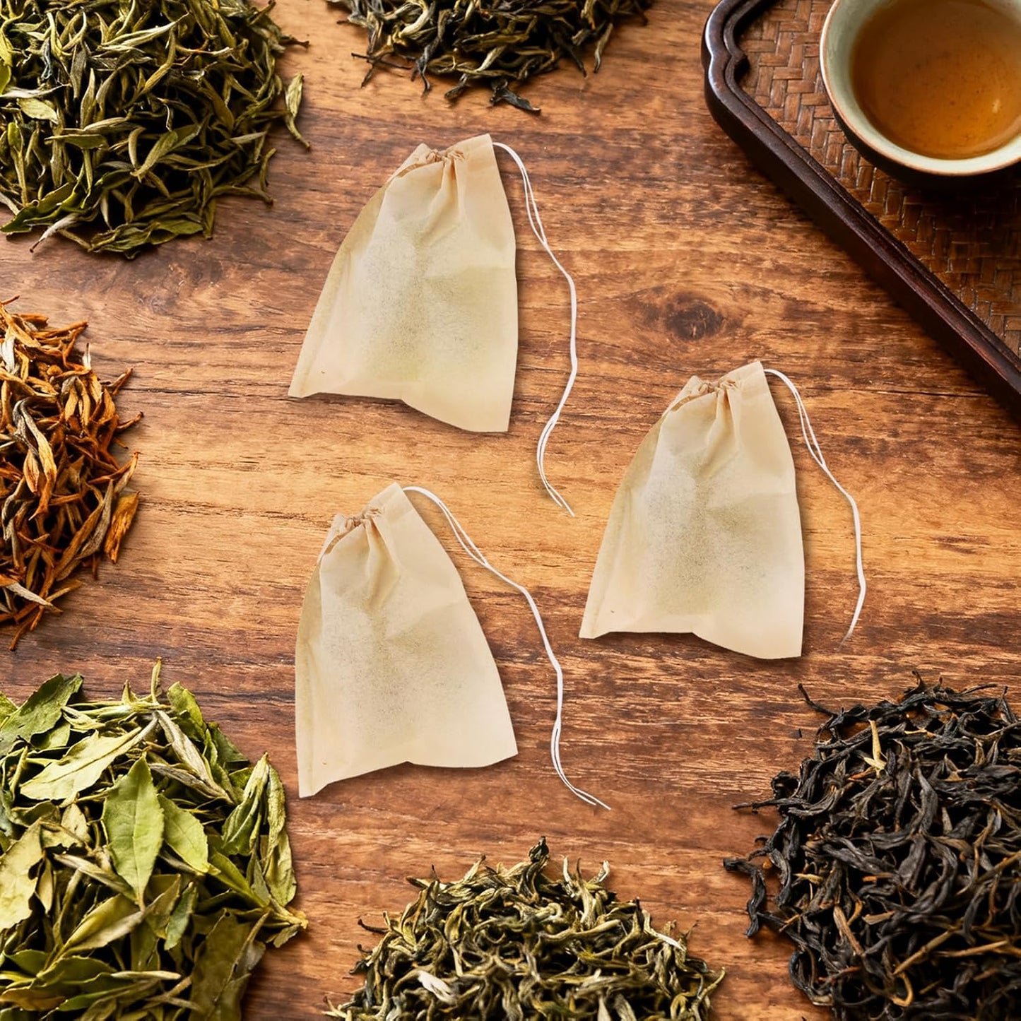 100 Pack Disposable Tea Strainer Bags, Wood Pulp Paper with Drawstring, Suitable for Loose Leaf Tea, Coffee, Spices, Herbs and Mint, 3.94 x 3.15 inches