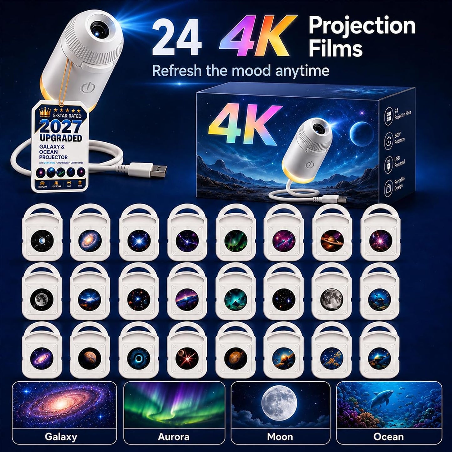 2027 New Hd Smart Dynamic 5d Holographic Night Light Projector, Plug and Play Hd Star Projector, 360° Adjustable Hd Galaxy and Ocean Projector for Bedroom Ceiling (24 Projection Films)
