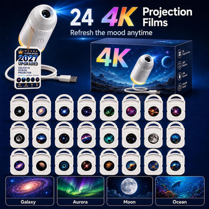 2027 New Hd Smart Dynamic 5d Holographic Night Light Projector, Plug and Play Hd Star Projector, 360° Adjustable Hd Galaxy and Ocean Projector for Bedroom Ceiling (24 Projection Films)