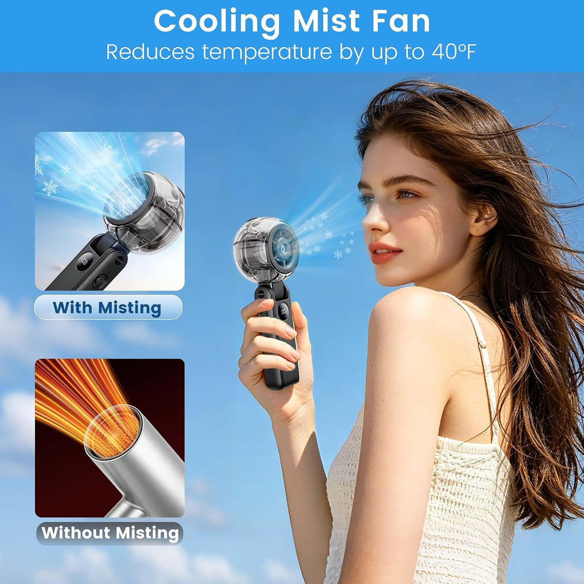 Portable Fan Handheld, Powerful Cooling Misting Fan Rechargeable
