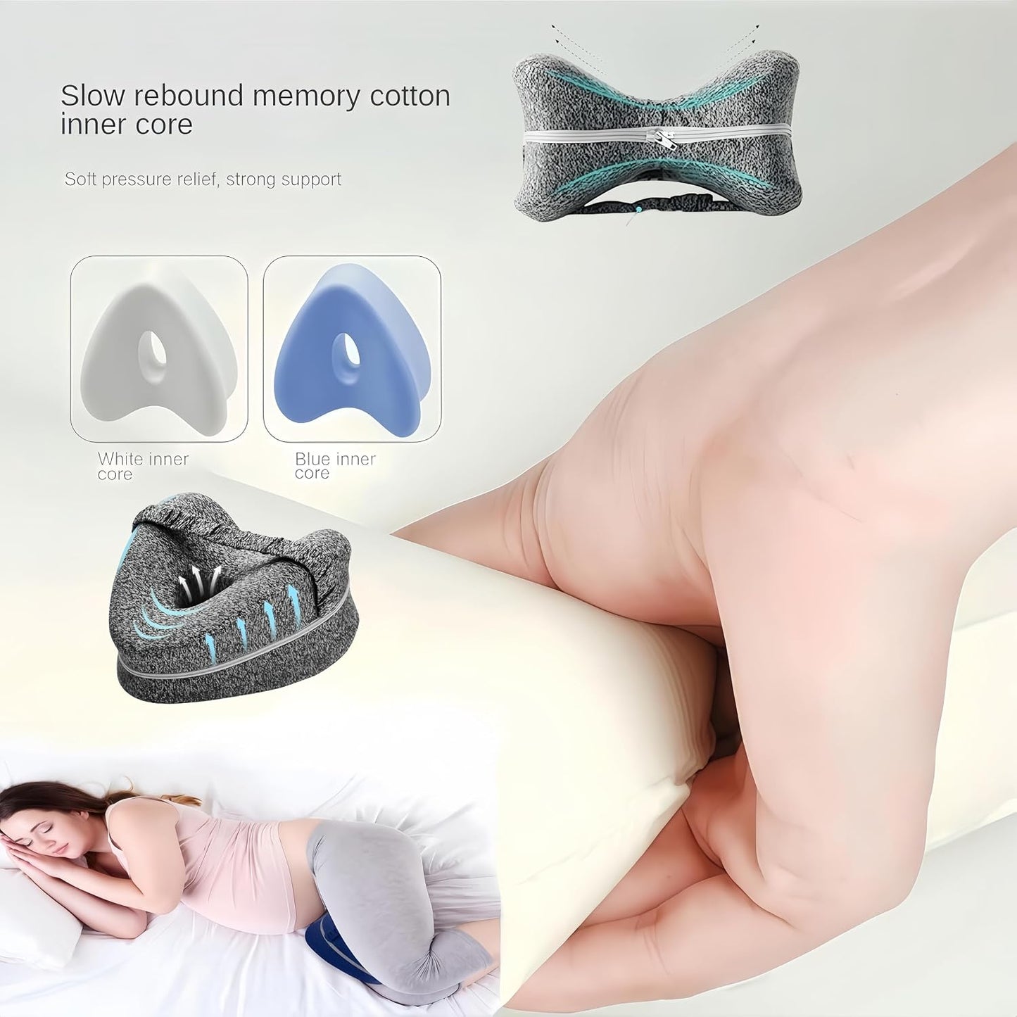 Memory Foam Knee Pillow for Side Sleepers, Hip & Spine Support, Grey | Ergonomic contour, adjustable elastic strap, breathable cover, durable memory foam, versatile for bed, sofa, office, travel