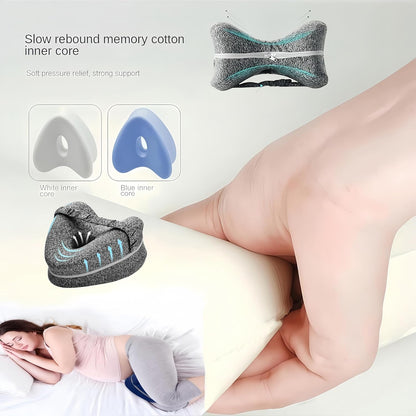 Memory Foam Knee Pillow for Side Sleepers, Hip & Spine Support, Grey | Ergonomic contour, adjustable elastic strap, breathable cover, durable memory foam, versatile for bed, sofa, office, travel