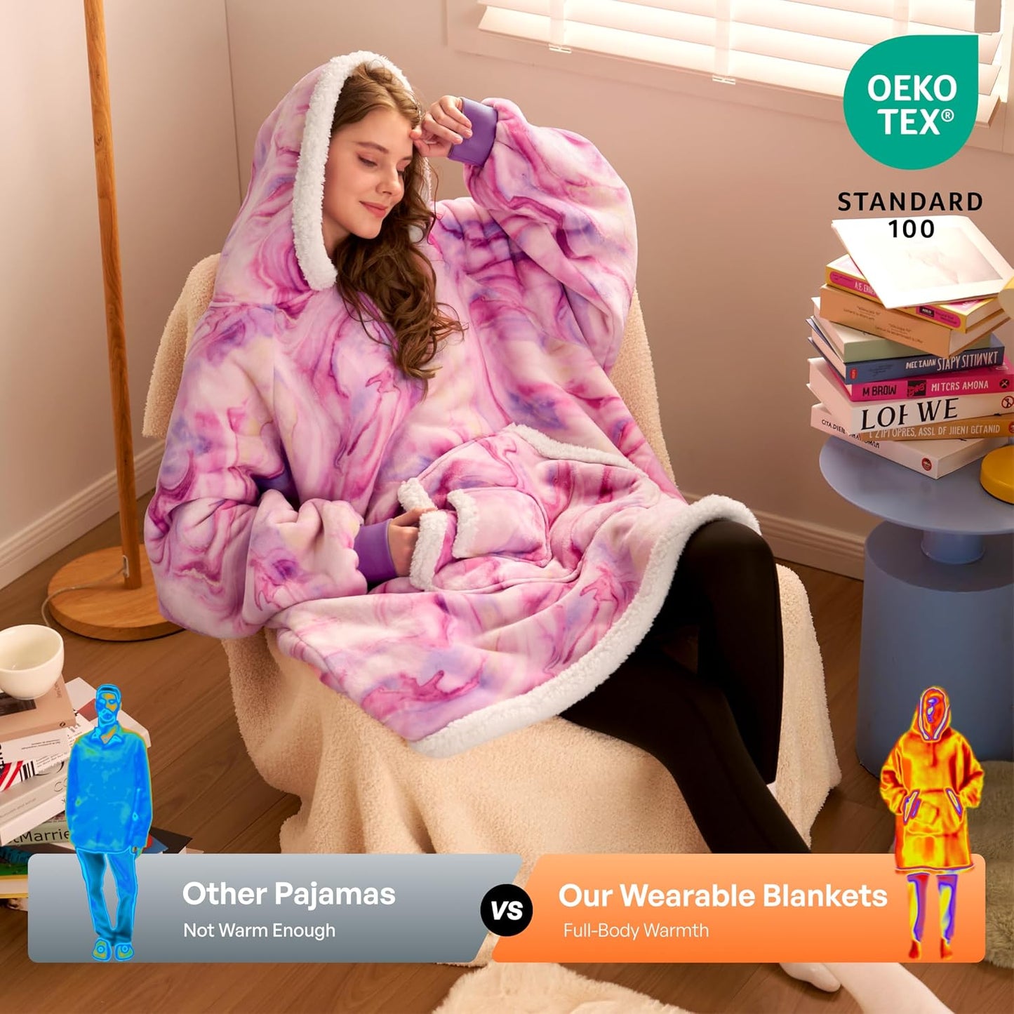 Giggling Getup Wearable Blanket Hoodie for Adults Gifts for Teen Girls Sister Women Sherpa Fleece Printed Hooded Blanket Sweatshirt Warm Cozy with Pocket & Sleeves Beige Cat