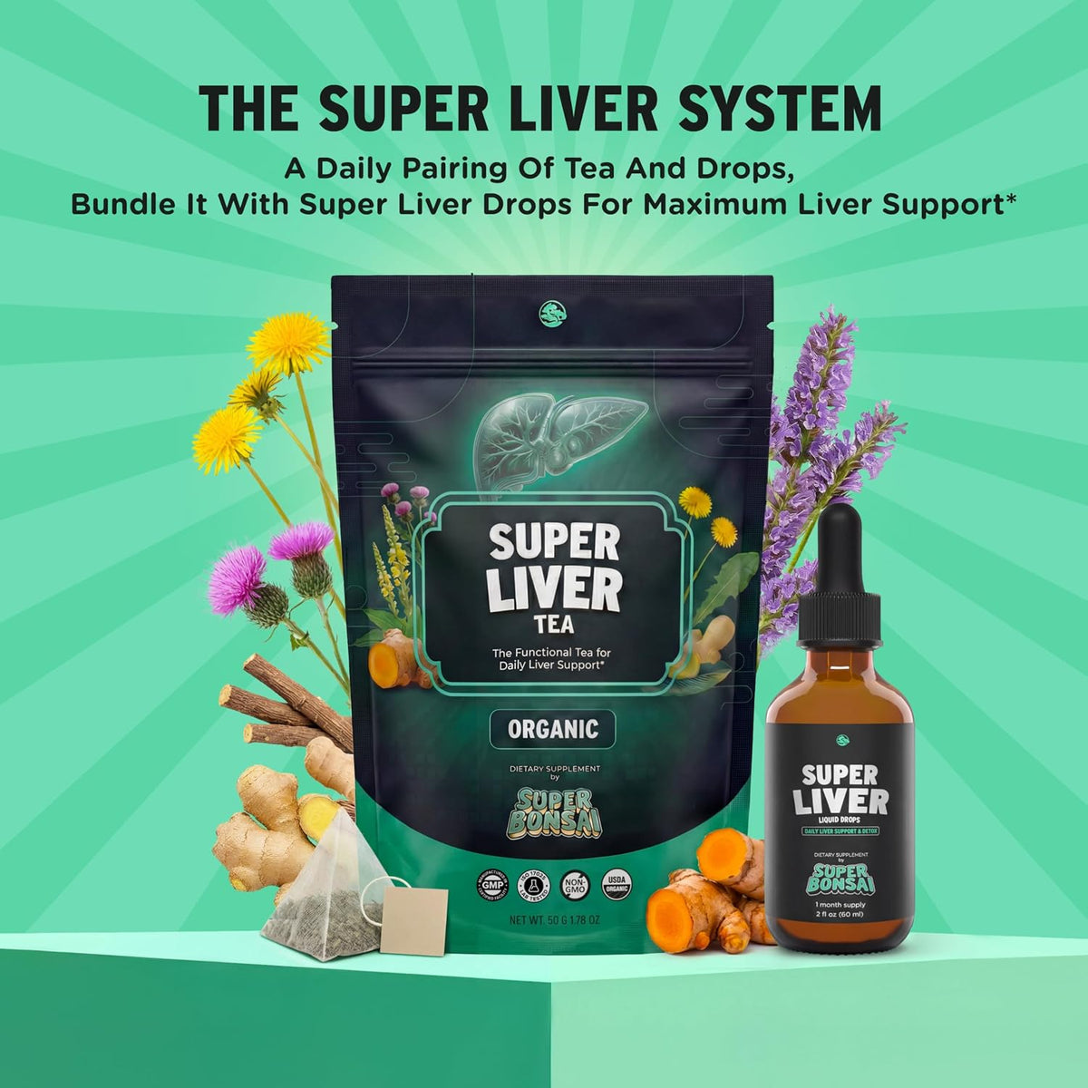 SuperBonsai Organic Liver Detox Tea – Dandelion Root & Milk Thistle Herbal Tea for Liver Support, Digestive Detox & Cleanse – Turmeric, Ginger & Nettle Botanical Blend – 20 Organic Tea Bags